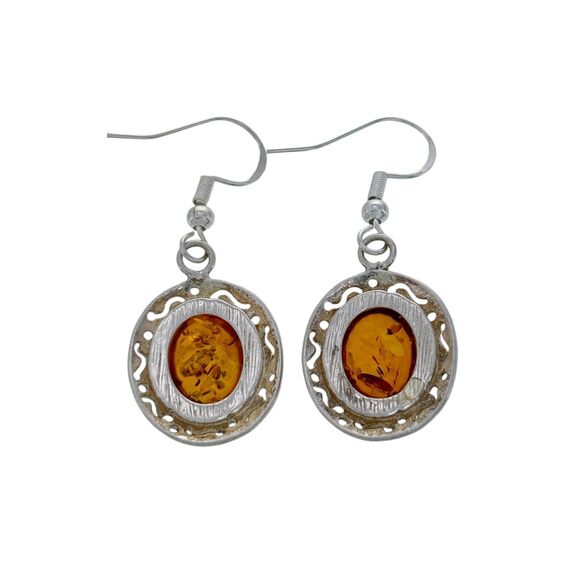 Vintage Sterling Silver 925 Cut Out Amber Cabochon Dangle Earrings - Picture 2 of 5